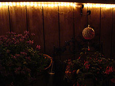 Hummingbird feeder and lights at night